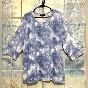 N Touch Blue Floral Tie-Dye Top 2X Boho Casual 3/4 Sleeve